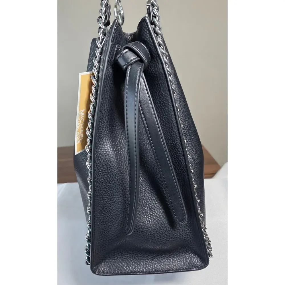NEW Michael Kors MK Black Mina Large Chain Belted Vegan Leather Shoulder Bag